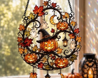 Halloween Stained Glass Suncatcher, Jack-O-Lantern Pumpkins, Raven & Autumn Leaves, Spooky Fall Window Decor