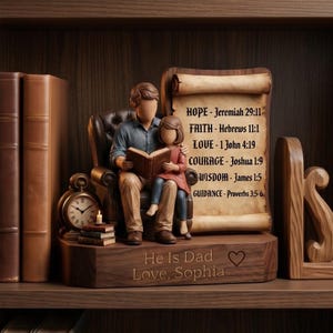 May include: A wooden sculpture of a father and child reading, with a scroll listing inspirational words. The base is engraved with "He Is Dad Love, Sophia". A clock and books are on the shelf. The sculpture is brown and tan.