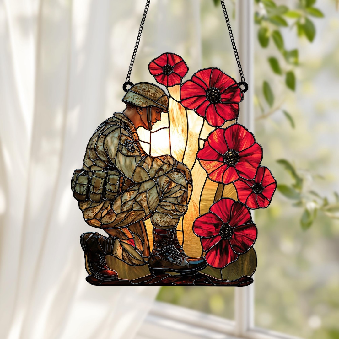 Military Remembrance Acrylic Suncatcher – Faux Stained Glass Soldier ...