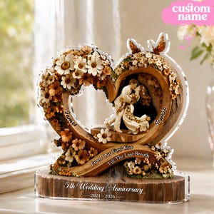 Puede incluir: Un recuerdo de acrílico transparente del 5º aniversario de bodas. El diseño en forma de corazón presenta una pareja besándose, detalles florales y el texto "From Our First Kiss Till The Last Breath." Incluye los nombres James y Sophia.