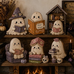 Décoration d'Halloween : adorables fantômes lisant un livre, blocs de bois fantaisistes pour la saison des frissons, figurines de fantômes sorcières à poser sur une étagère, décoration d'automne pour la maison