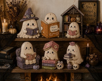 Cute Ghost Reading Book Halloween Decor Set, Whimsical Spooky Season Wooden Blocks, Witchy Ghost Shelf Sitters, Fall Home Decoration