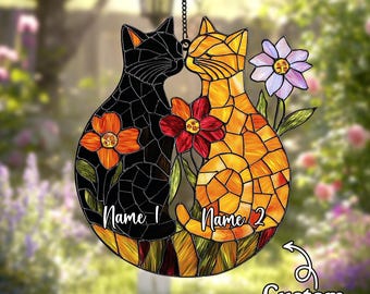 2D Flat Couple Cats Suncatcher – Acrylic Faux Stained Glass Window Hanging