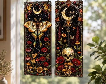 Mystical Moth Halloween Suncatcher, Faux Stained Glass Celestial Moon Acrylic Window Hanging, Spooky Floral Decor, Witchy Gift