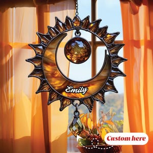 Amber Crescent Moon 2D Flat Suncatcher – Faux Stained Glass Window Hanging