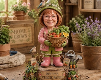 Personalized Garden Gnome Caricature Figurine From Photo – Custom Name Decor