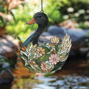 Floral Duck Acrylic Suncatcher for Windows – Nature-Inspired Faux Stained Glass Duck Window Hanging Garden Decor Gift