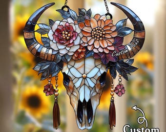 2D Flat Floral Longhorn Skull Suncatcher, Boho Western Decor