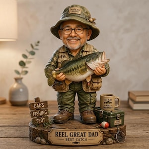 Op de afbeelding: Een beeldje van een glimlachend persoon met een groene vishoed, bril en vest, die een grote vis vasthoudt. De basis heeft een bordje met DAD'S FISHING SPOT en REEL GREAT DAD BEST CATCH, met een mok met de tekst FISH MORE WORRY LESS.