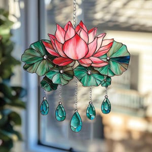 Lotus Acrylic Suncatcher – Pink and Green Faux Stained Glass Window Decor