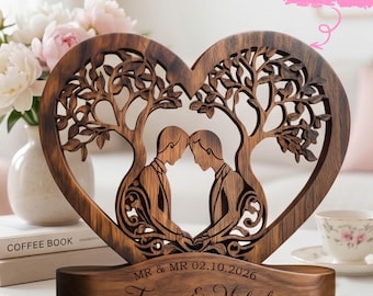 Personalized LGBT Couple Wooden Heart Decor, Gay Anniversary Keepsake