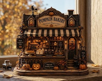 Spooky Halloween Pumpkin Bakery Miniature Lighted Decor, Festive Fall Village Collectible House, Autumn Season Display