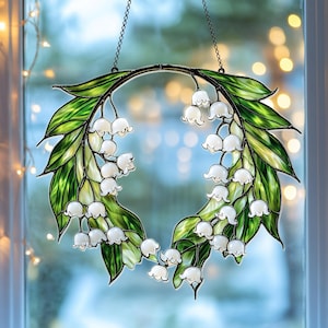 Lily of the Valley Acrylic Suncatcher – Faux Stained Glass Floral Window Hanging with Green Leaves and White Blooms, Cottagecore Home Decor