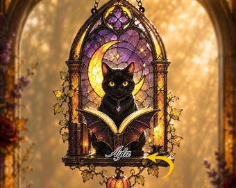 Gothic Black Cat Window Panel, Faux Stained Glass Art, Mystical Moon Suncatcher, Witchy Home Decor, Unique Gift For Cat Lovers