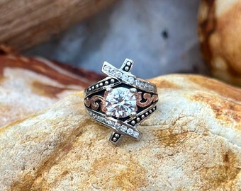 Sterling Silver Ring with 10K Gold Scrolling and CZ Stones