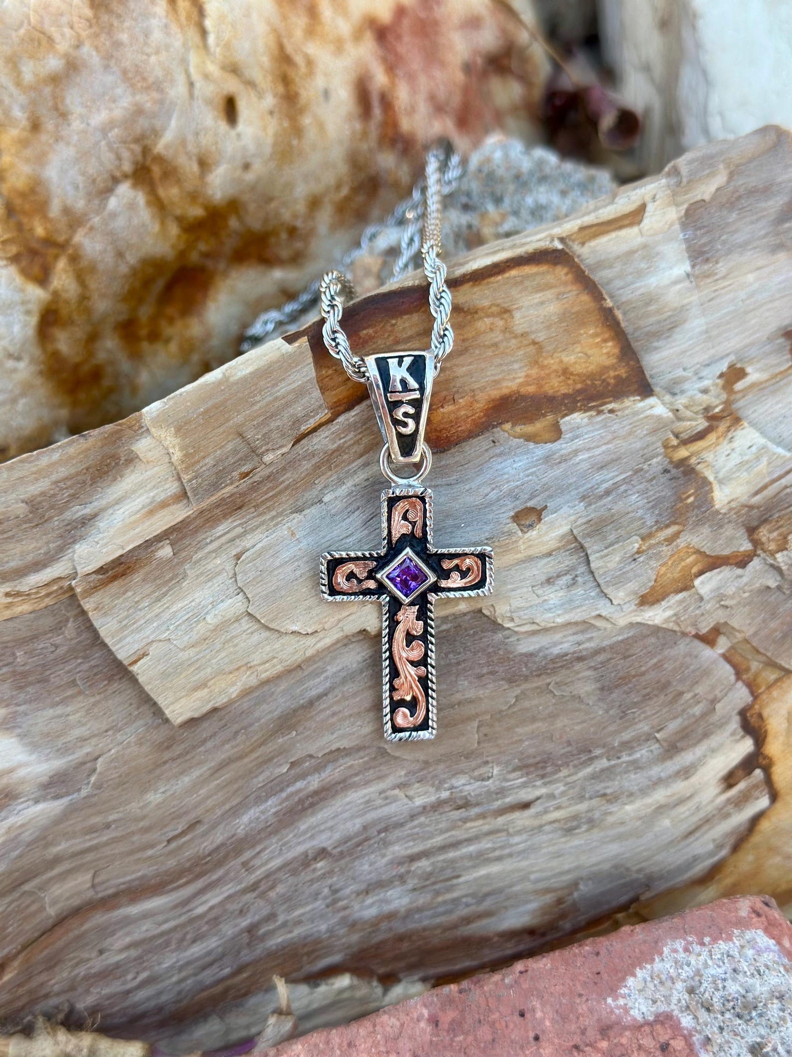 Rhodium and 14 Karat Gold Plated Sterling Silver Cross Pendant main image 1