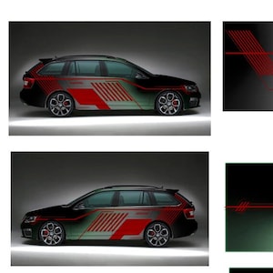Può includere: Un'auto nera con strisce da corsa rosse e grigie. L'auto è una station wagon con un design sportivo. Le strisce sono geometriche e astratte.