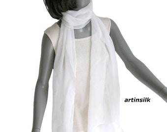 Long Silk Chiffon 8mome Scarf,  Natural White, Wedding Flowing Sheer Narrow Scarf, 11" x 76", One of a Kind, Artinsilk.