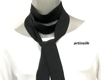 Black Skinny Silk Scarf, White Charmeuse, Silk Belt, Thin Long Scarf, White Sash, Black Long Tie, Waist Tie.