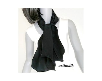 Black or Light Ivory Natural White Small Neck Silk Scarf, Natural Mulberry Silk Crepe, Petite or Girl Scarf, Artinsilk.