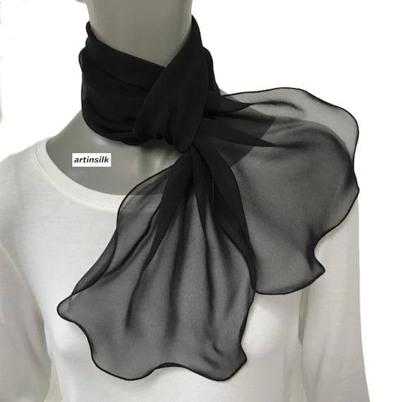 【MARKAWARE】SCARF - SILK CHIFFON Black Silk Chiffon 8 Mm Scarf, Petite Small Medium S M