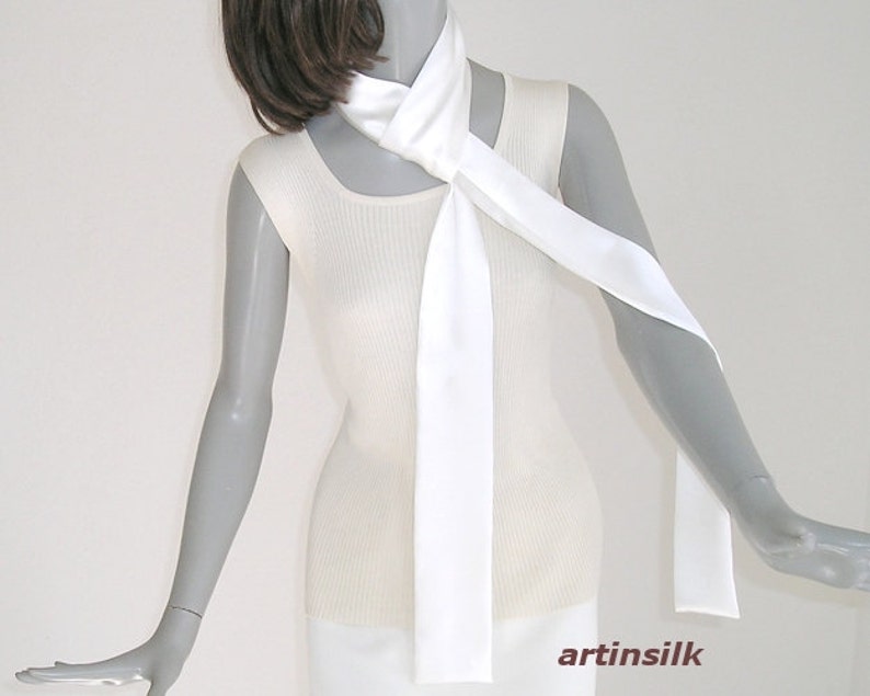 Natural White Silk Skinny Scarf Tie Belt, Narrow Sash, Bridal Sash Formal Cummerbund, Artinsilk image 3
