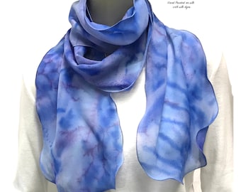 Hand Painted Skinny Scarf Periwinkle Purple Lavender, Pure Silk Chiffon, One of a Kind by Jossiani