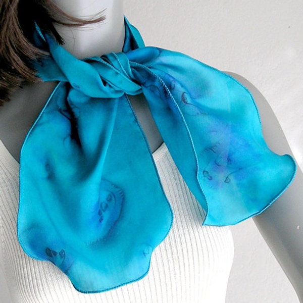 Ponytail Scarf Scarflette Blue Teal Cyan Cerulean  Pure Mulberry Silk 8" x 32", unique hand painted Pony Tail.