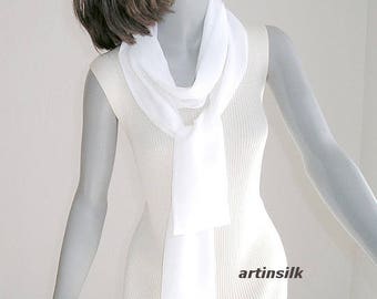 Skinny Silk Scarf White Belt, Narrow Sash Tie, Wedding Bridal Formal Cummerbund, Artinsilk