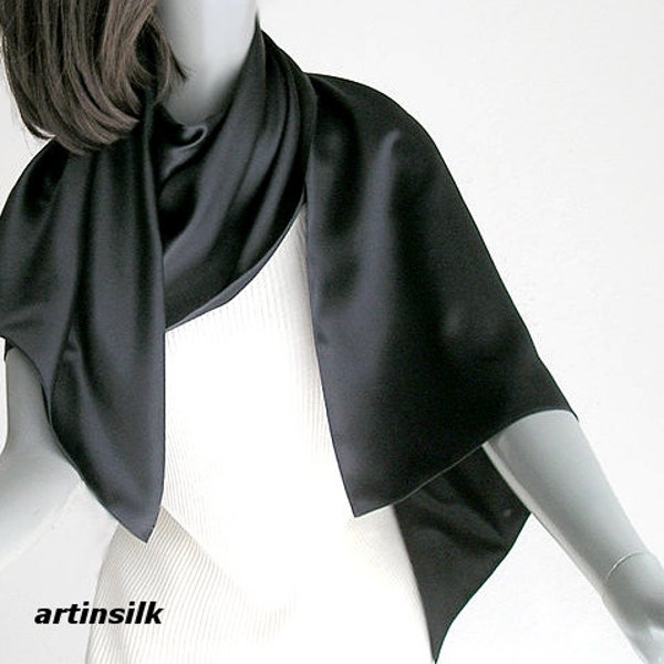 Black Silk Charmeuse Shawl Wrap, Hand Hemmed Elegant Silk Coverup,Made to Orde Silk Stole, 20"x 72",  Artinsilk.