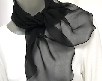 Black Small Short Neck Silk Chiffon Ponytail Scarf, Teenager Girl Hair Tie Kerchief Headband, Artinsilk.