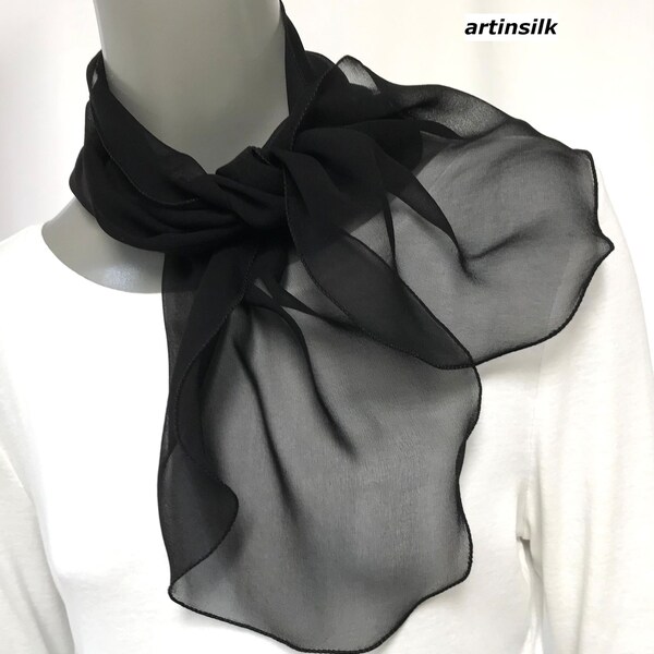 Black Small Neck Silk Chiffon Ponytail Scarf, Teenager Girl Hair Tie Kerchief Headband, Artinsilk.