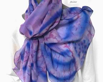 Hand Painted  Lavender Periwinkle Pink Shawl Pure Silk Chiffon 10momme, Lilac, One of a Kind Signed Artwork, JOSSIANI