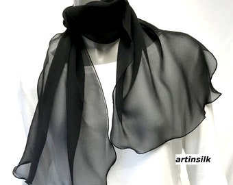 Black Silk Chiffon 8 momme,  Small Neck Scarf, Petite Small Medium S M, Artisan Handmade, Artinsilk.