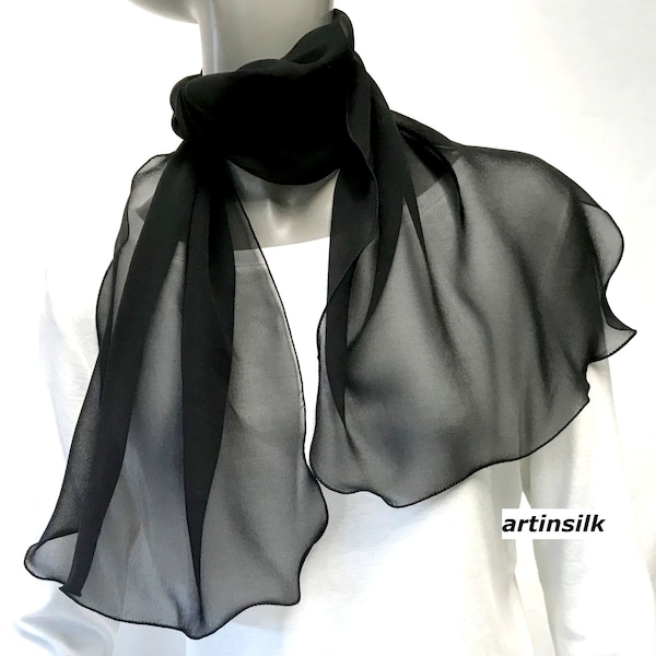 Black Silk Chiffon 8 momme,  Small Neck Scarf, Petite Small Medium S M, Artisan Handmade, Artinsilk.