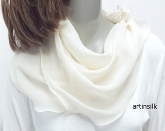 Ivory Silk Chiffon Scarf Sheer 22x22", 23x23"  Natural Silk, One of a kind Hand Dyed Neck Kerchief, Artinsilk,