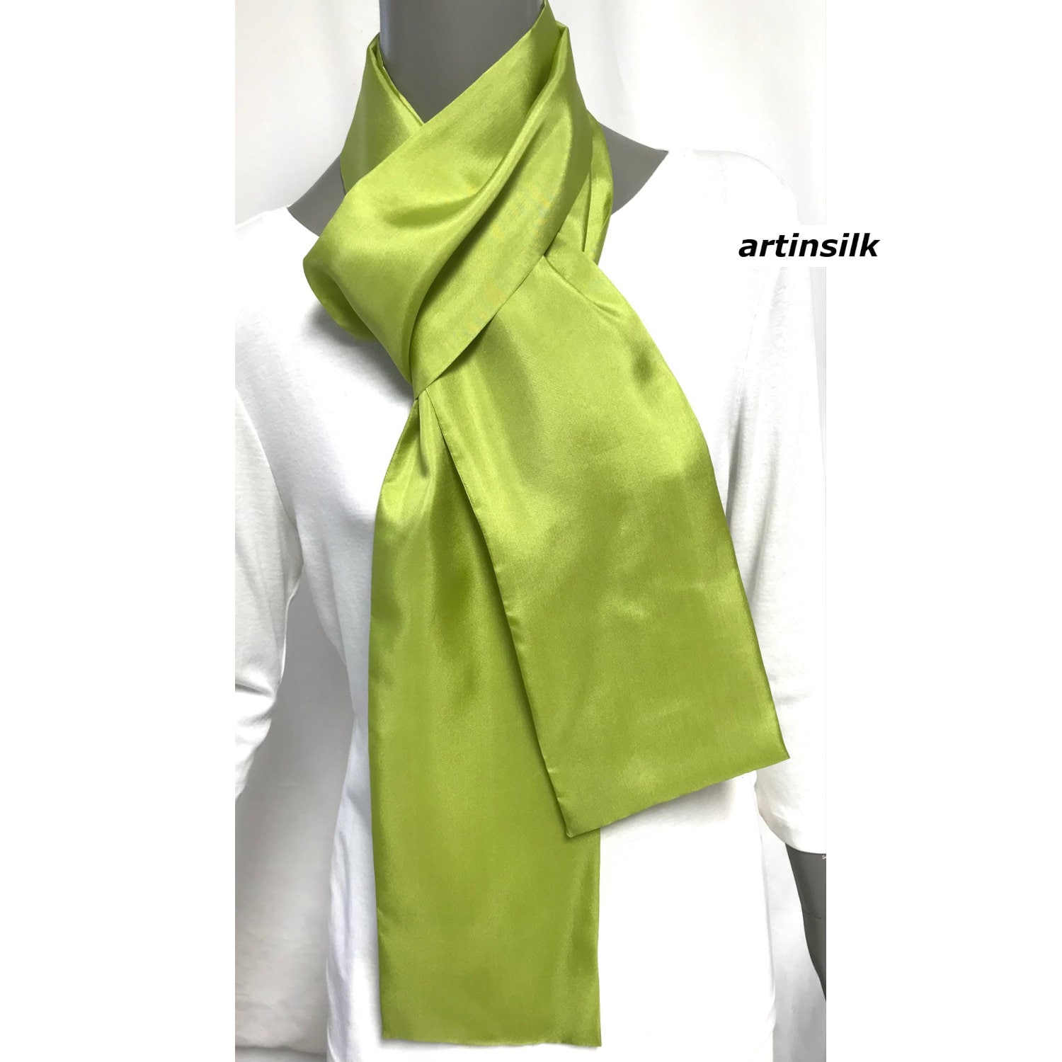 Chartreuse Green Silk Sash, Lime Celery Green Skinny Scarf, Black White  Silk Belt, Artisan Handmade, Gift for Women,