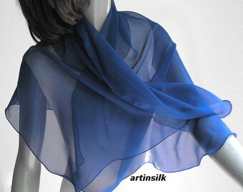 Blue Silk Chiffon Coverup Scarf Sapphire Cobalt Wrap, Light Navy Sheer Coverup, Small Shoulder Stole, Small Medium Petite S M P, Artinsilk