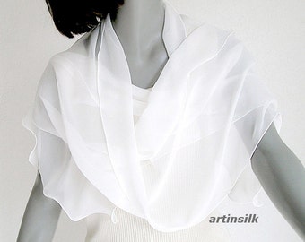 Long Silk Scarf Chiffon 10mm, Natural White Scarf, 12.5 x 76", Artisan Handmade, Artinsilk