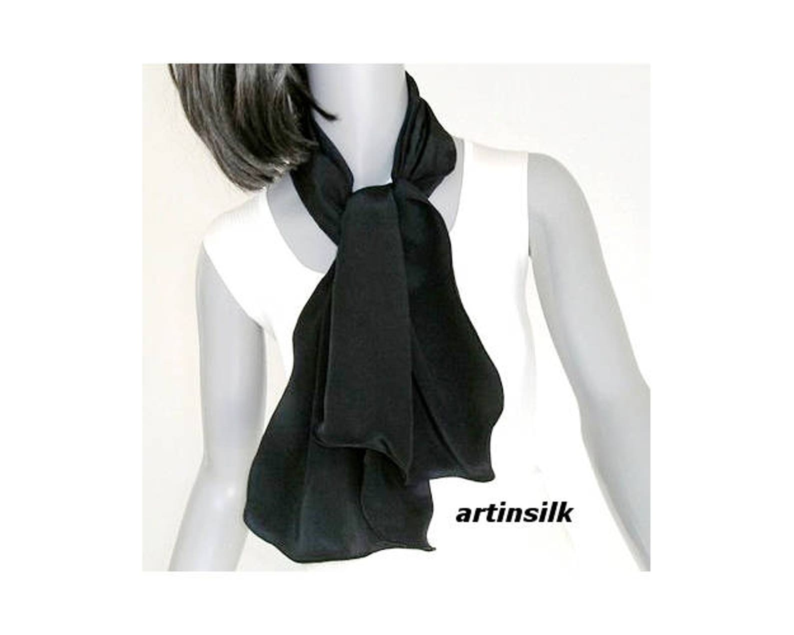 Black Silk Neck Scarf Small Black Scarf Silk Crepe Scarf Etsy