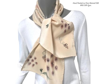 Hand Painted Silk Crepe Scarf, Wheat Linen Tan Color, It is Hand Hemmed 10"x43", One of a Kind, Artisan Handmade,  Jossiani.