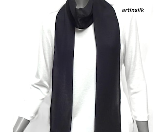 Black Chiffon Skinny Silk Scarf Tie Belt Sash, Double Layer  Pure Mulberry Silk, Artisan Handmade.