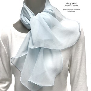 Light Blue Neck Scarf, Sky Blue Scarf, Gift for Women, Pure Silk Chiffon, Something Blue, Unique Hand Dyed, Petite XS S.