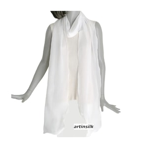 Long Silk Chiffon Scarf &quot;Natural White&quot;, Pure Mulberry Silk 10mm, Sheer Skinny Scarf, Artinsilk.