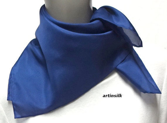 Navy Blue Pure Silk Scarf Hand Hemmed Black Silk Neck Kerchief