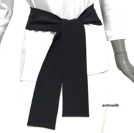 Black Silk Scarf Sash or Skinny Scarf, Belt Waist Tie, 3.2  display picture 3
