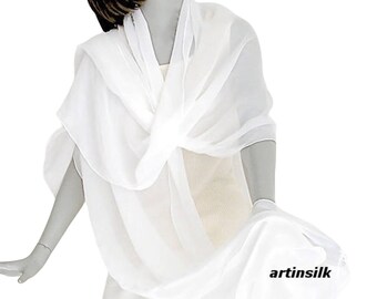 Long Wide Wedding Shawl 22x92", L XL or TALL Bridal, Natural White  Color, Wide Wedding Shawl, Made to Order within two weeks, Artinsilk.