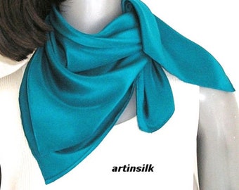 Teal Blue Silk Crepe Hand Hemmed, Small Square Scarf 20"x20" or 21" x 21", Lagoon Turquoise Cerulean Neck Scarf.