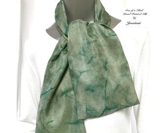 Hand Painted China Silk Scarf Sage Green, One of a Kind, Abstract Texture, Double Layer Silk, One of a kind,  Signed