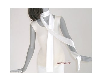 Natural White Silk Skinny Scarf Tie Belt, Narrow Sash, Bridal Sash Formal Cummerbund, Artinsilk